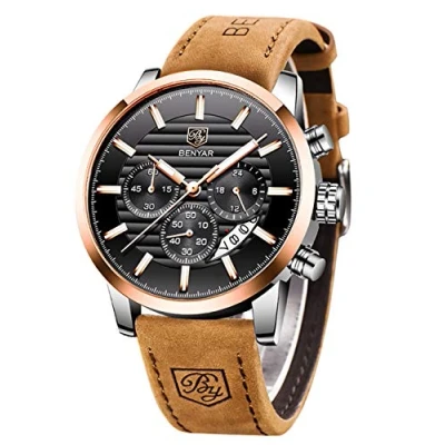 Abbildung von BY BENYAR Herrenuhr Mode Quarzwerk Armbanduhr Analog Chronograph Business Wasserdicht und Kratzfest Edelstahlarmband Freizeit Sportuhren für Herren（braun Gold schwarz）
