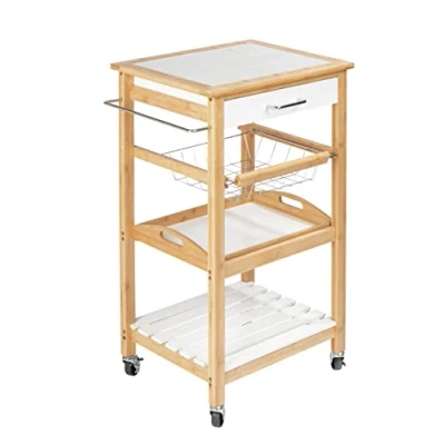 Abbildung von WENKO Küchenwagen Finja, Servierwagen aus nachhaltigem Bambus/MDF im Scandi Style, Beistellwagen mit Schublade, Drahtkorb, herausnehmbarem Tablett &amp; Ablage, vielseitig einsetzbar, 49 x 81 38 cm