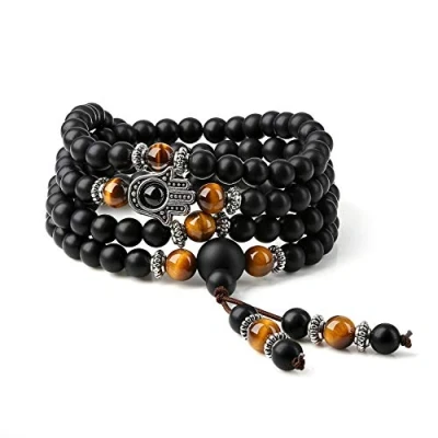 Abbildung von COAI Geschenkideen Unisex 108 Matt Onyx Tigerauge Buddhistische Mala Kette Gebetsarmband Wickelarmband Halskette