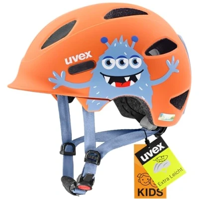 Abbildung von uvex oyo style leichter Kinder Helm intergierter Seitenschutz individuelle Größenanpassung monster papaya matt 56 61 cm