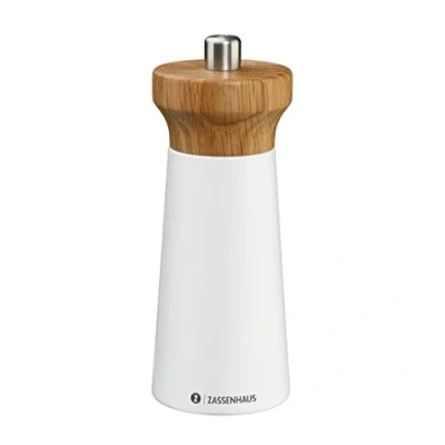Abbildung von Zassenhaus Pfeffermühle Holz WESTERLAND weiß/Buchenholz Mühlenkopf aus Eichenholz mit stufenlos verstellbarem Hochleistungs Keramikmahlwerk Gewürzmühle für Pfeffer 14 cm, Ø 5,4 cm