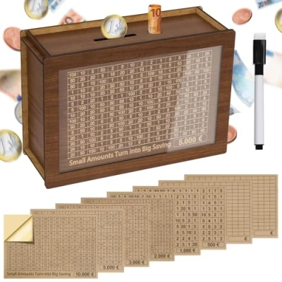 Abbildung von Alyvisun Spardose Holz mit Marker Aufklebern, Sparbüchse Zähler 5000 Wiederverwendbare Geldkassette Holzspardose Sparziel zum Ankreuzen Sparbox Geldsparbox Cash Box 500 10000 Ziel