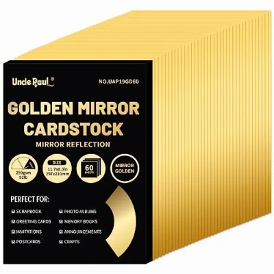 Abbildung von A4 Golden Mirror Kartonpapier, 60 Blatt 250 g/m²/92 lb metallisch reflektierendes Papier zum Basteln, Folienkarton für DIY Projekte UAP19GD60