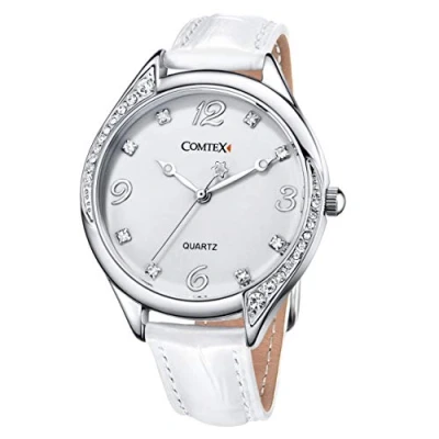 Abbildung von Comtex Damen Armbanduhr weißes Zifferblatt Kristall Damenuhr Weiss Lederarmband……
