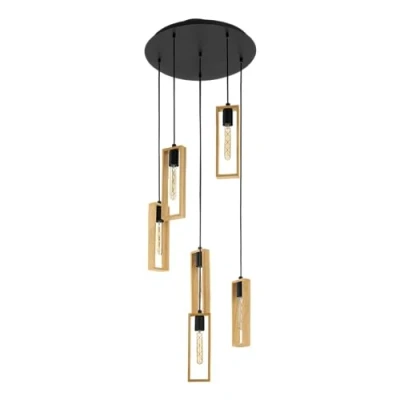 Abbildung von EGLO Pendellampe Littleton, 6 flammige Vintage Pendelleuchte im Industrial Design, Retro Hängelampe aus Stahl und Holz, Farbe Schwarz, braun, Fassung E27, FSC zertifiziert