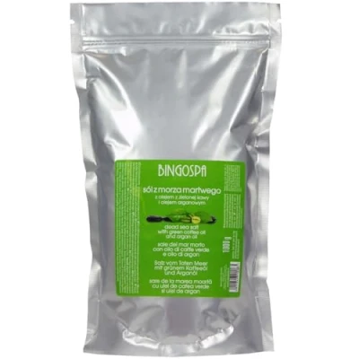 Abbildung von Anti Aging Badesalz aus dem Toten Meer mit grünem Kaffee und Arganöl fur Hautregeneration, Hautbefeuchtung Hauthydration 1000 g BINGOSPA