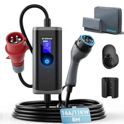 Abbildung von bokman Typ 2 Ladekabel mit CEE Stecker, 8 Meter 6 16A 11kW 3 Phasig IP65 Wasserdicht, Tragbares EV Ladegerät und Mobile Wallbox Ladestation für IEC 62196 Tragetasche &amp; Mikrofaserhandtuch