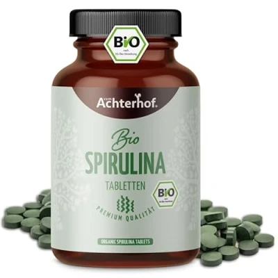 Abbildung von Spirulina Tabletten Bio 400 Presslinge mit je 6g Algen Pulver pro Tagesdosis 100% Spirulinapulver hochdosiert vegan vom Achterhof