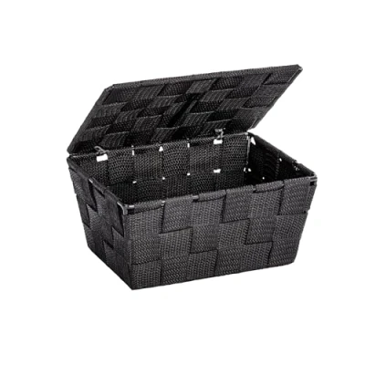 Abbildung von WENKO Badkorb mit Deckel Mod. Adria Moderne Aufbewahrungsbox für Bad und Haushalt in edlem Schwarz aus Polypropylen Maße 19 x 10 14 cm