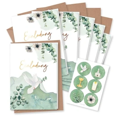 Abbildung von Papierdrachen 6 Einladungskarten für christliche Feste wie Taufe, Kommunion, Konfirmation, Firmung Motiv Eukalyptus Klappkarten mit Umschlag und passenden Stickern DIN A6 Set 3