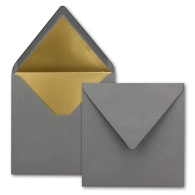 Abbildung von 25 quadratische Brief Umschläge 15,5 x cm, Anthrazit (Grau) mit Gold Papier gefüttert Nassklebung FarbenFroh by GUSTAV NEUSER