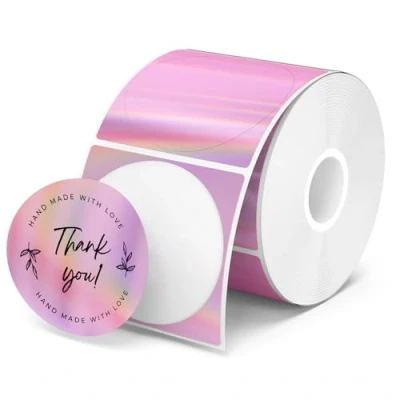 Abbildung von MUNBYN 2&quot; Rosa Laser Thermo Etiketten 400 Stück runde Selbstklebend bedruckbare Aufkleber für Logo Preis Adresse Danke wasserfeste personalisierte
