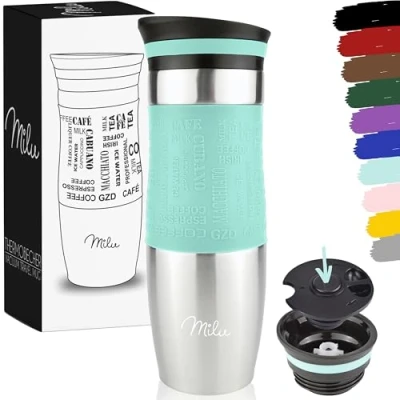 Abbildung von Milu Thermobecher 370ml 450ml Isolierbecher Kaffeebecher to go 100% Auslaufsicher Trinkbecher aus Edelstahl Autobecher doppelwand Isolierung Thermo Becher Travel Mug (Türkis, 450ml)