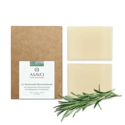 Abbildung von ASAVO Premium Naturseife Rosmarin, handgemachte Bio Seife, mit feiner Karitébutter &amp; 100% ätherischen Ölen, vegan, 2x95g