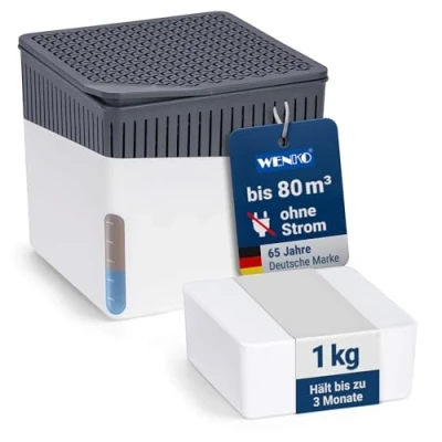 Abbildung von WENKO Raumentfeuchter Mod. Cube, Luftentfeuchter reduziert Schimmel &amp; Gerüche, Auffangschale mit 1 kg Granulatblock nachfüllbar, fasst bis zu 1,6 l Feuchtigkeit, 16,5 x 15,7 cm, Weiß