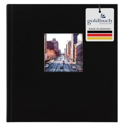 Abbildung von goldbuch 27977 Fotoalbum mit Fensterausschnitt, Bella Vista, Erinnerungsalbum 30 x 31 cm, Foto Album 60 schwarze Seiten Pergamin Trennblättern, Fotobuch aus Leinen, Schwarz