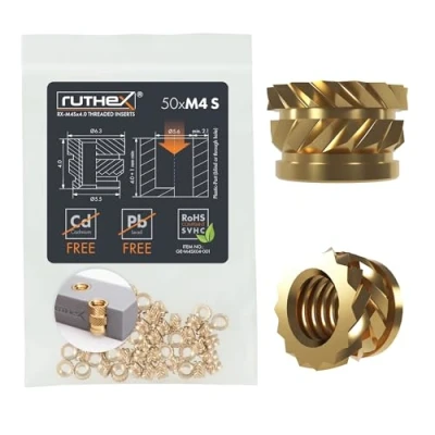 Abbildung von ruthex M4S Gewindeeinsatz SHORT 50 Stück RX M4Sx4.0 Gewindebuchsen aus Messing stabile Einpressmutter für Kunststoffteile durch Wärme oder Ultraschall in 3D Druck Teile Kunststoff einsetzbar