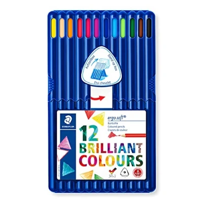 Abbildung von STAEDTLER Buntstifte ergo soft, erhöhte Bruchfestigkeit, dreikant, ABS System, rutschfeste Soft Oberfläche, 12 in sortierten Farben der aufstellbaren Box, 157 SB12