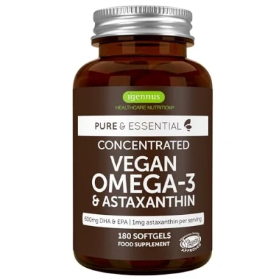 Abbildung von Omega 3 vegan,180 Kapseln, 1344mg Algenöl pro Tag mit 600 mg DHA &amp; EPA, hochdosiert 1mg Astaxanthin, 1 Monat Vorrat, von Igennus