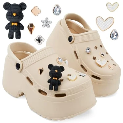 Abbildung von CityComfort Platform Clogs Damen, Sommerschuhe mit Ansteckern &amp; Schuh Schmuck (Beige, 40 41 EU)