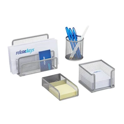 Abbildung von Relaxdays Schreibtisch Organizer Set 4 teilig, Mesh Metall Zubehör mit Briefablage, Stiftehalter und Zettelbox, silber, 14.5 x 17.5 13.5 cm