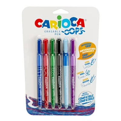 Abbildung von CARIOCA Oops Radierbarer Kugelschreiber, Wiederauffüllbares Stifte Set für Schule und Büro mit Radiergummi Ergonomischem Griff, Blaue Stifte, 6 Teile
