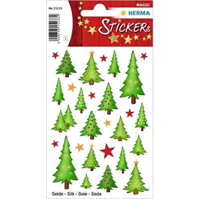 Abbildung von HERMA 15233 Aufkleber Weihnachtsbaum klein groß, 28 Stück, Weihnachten Sticker aus Seide Stoff mit Sterne Tannebaum Motiv, Kinder Etiketten für Weihnachtsdeko Geschenke Adventskalender Winter Basteln