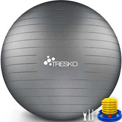 Abbildung von TRESKO Gymnastikball mit GRATIS Übungsposter inkl. Luftpumpe Yogaball BPA Frei Sitzball Büro Anti Burst 300 kg,Grau,75cm (für Körpergröße 175 185cm)