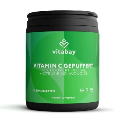 Abbildung von Vitabay Vitamin C Hochdosiert 1000mg 500 Vegane Time Released Tabletten Gepuffert Vit mit Citrus Bioflavonoide Vitamine zeitverzögerter Abgabe Laborgeprüft