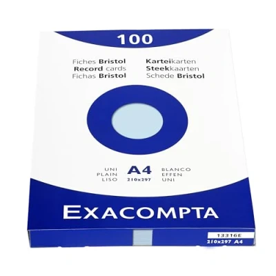 Abbildung von Exacompta 13316E Packung (mit 100 Karteikarten, ungelocht DIN A4, 210 x 297 mm, 205 g, blanko, ideal für die Schule) 1er Pack azurblau