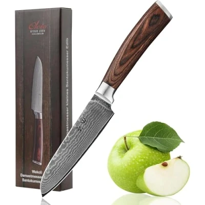 Abbildung von Wakoli Edib Damast kleines Santoku Messer I Scharfe 12 cm Klinge aus 67 Lagen Damaststahl mit VG10 Kern und Griff Pakkaholz Profi Küchenmesser, Damastmesser in eleganter Box