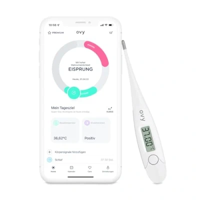 Abbildung von Ovy® Basalthermometer zur Zykluskontrolle I Eisprung Messgerät Berechnung fruchtbarer Tage bei Kinderwunsch App mit Datenspeicherung auf deutschem Server