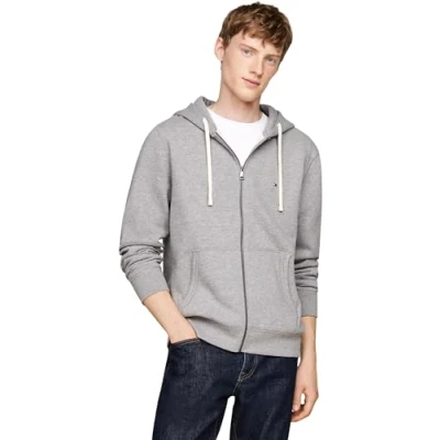 Abbildung von Tommy Hilfiger Herren Hoodie mit Reißverschluss Essential Fleece Zip Through Taschen, Grau (Medium Grey Heather), S