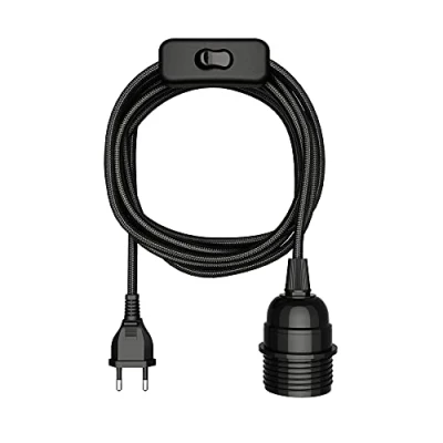Abbildung von ledscom.de Textilkabel LEKA, Stecker, Schalter, schwarz, 3 m, Lampen Fassung, 1x E27 max. 60W, Led, Diy, Wandlampe, Lampenfassung, E27, Textilkabel, Haengelampe, Netzstecker, Gluehlampe