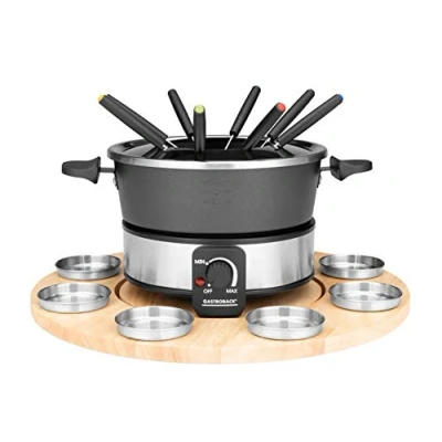 Abbildung von GASTROBACK 42566 Fondue Set, praktischer Drehteller mit 8 Edelstahl Saucenbehälter Stufenlos regelbar von 40C bis 190C, 1.000 Watt, 1000, Antihaftbeschichteter Topf, schwarz, Silber
