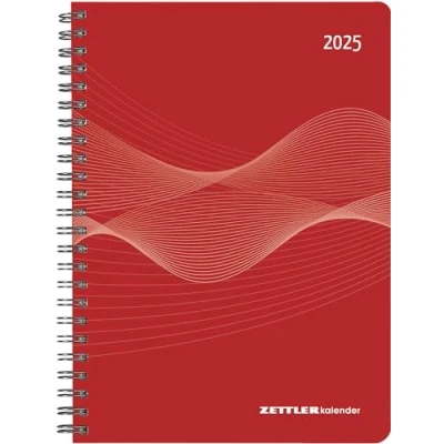 Abbildung von Zettler Wochenplaner 2025 rot, 15x21cm, Taschenkalender mit 128 Seiten, 1 Woche auf 2 Adressteil, Ringbindung, Monatsübersicht, Mondphasen und deutsches Kalendarium