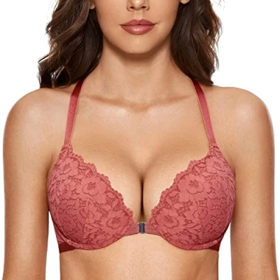 Abbildung von DOBREVA Damen Vorderverschluss BH mit Bügel Push Up Spitzen Neckholder BHS Racerback Tiefer Ausschnitt Gepolsterter Holzapfel 75B