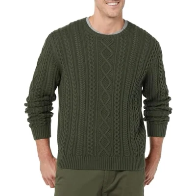 Abbildung von Amazon Essentials Herren Pullover mit Langen Ärmeln und Rundhalsausschnitt aus 100% Baumwolle Zopfmuster, Dunkles Olivgrün, XXL