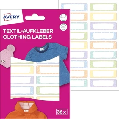 Abbildung von AVERY Zweckform ETVET36M Namensaufkleber wasserfest für Kleidung 36 Stück (13x45mm, Vinyl Folie, selbstklebende Textil Etiketten, beschriftbare Textilaufkleber, Waschmaschine, Trockner) pastell