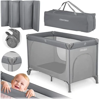 Abbildung von Ricokids Reisebett Baby Mit Matratze 125 x 65 78 cm Kinderreisebett Babybett Bis 15 kg 2 Räder Bremsen Abnehmbarer Seiteneingang Transporttasche Faltbar Kompakt Grau