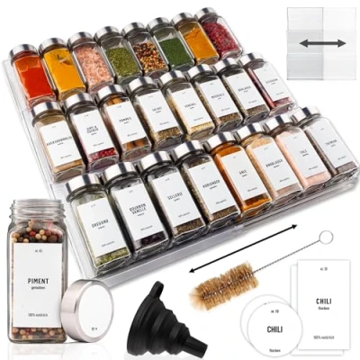 Abbildung von Deco haus® Gewürzregal mit Gläsern [MIT 24 GEWÜRZGLÄSER &amp; ETIKETTEN] Schublade ausziehbar Gewürz Organizer Gewürzeinsatz Gewürzschublade