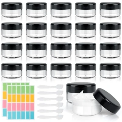 Abbildung von AiQInu 20 Stück Cremedosen zum Befüllen 30ml, Reise Dosen Transparent, 30ml Plastik Döschen mit 6 Spatel und 48 Etikett, Verwendung Probenbehälter