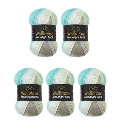Abbildung von Wollbiene Moonlight Batik 5 x 100g Strickwolle 500 Gramm Wolle zum Stricken und Häkeln 20% türkische Farbverlaufswolle (4050 türkis grau beige)