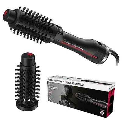 Abbildung von Rowenta x Karl Lagerfeld CF961L K/Pro Stylist rotierende Warmluftbürste Glanz Booster vielseitige Looks zwei Bürsten alle Haartypen trocknen und stylen gleichzeitig Schwarz/Rot