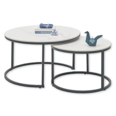 Abbildung von Stella Trading GINO Beistelltisch 2er Set in Marmor Optik rund, Weiß Modernes Couchtisch mit schwarzem Metallgestell 80 x 42 cm (B/H/T)