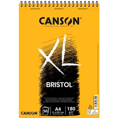 Abbildung von CANSON XL, Bristol Papier, sehr glattes 180 g/m², an der kurzen Seite spiralgebundener Block, DIN A4 21 x 29,7 cm, Extraweiß, 50 Blatt