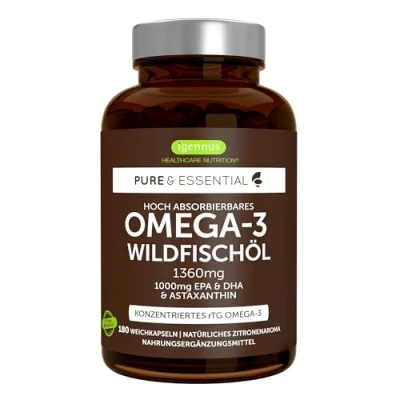 Abbildung von Ultra pures Omega 3 Fischöl Konzentrat mit Astaxanthin, 1000mg EPA DHA Fettsäuren, höchst absorbierendes Wildfischöl in Triglycerid Form, 180 Kapseln, von Igennus