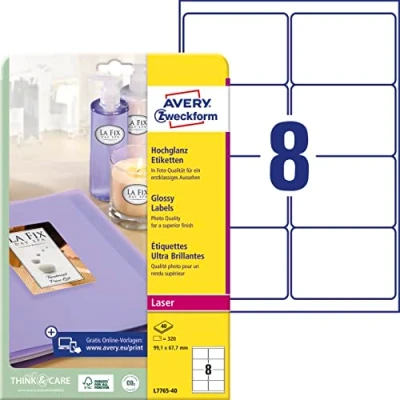 Abbildung von AVERY Zweckform L7765 40 Hochglanz Etiketten (320 Glossy Aufkleber, 99,1x67,7mm auf A4, selbstklebend, bedruckbar, hochglänzendes Papier zur Produktkennzeichnung, für Laser Drucker) Blatt, weiß