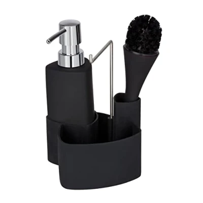 Abbildung von WENKO Spül Set Mod. Empire, 4 in 1 Spülmittelspender, Spülbürste, Spültuchhalter &amp; Organizer, hochwertige Keramik mit Soft Touch Oberfläche, Fassungsvermögen 250ml, 11 x 19 12,5 cm, Schwarz