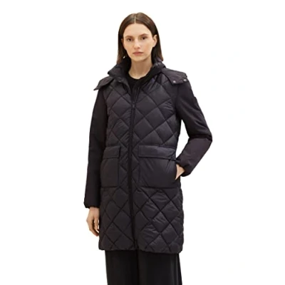 Abbildung von TOM TAILOR Damen 1036722 Steppmantel mit Abnehmbarer Kapuze &amp; Taschen, 14482 deep Black, M